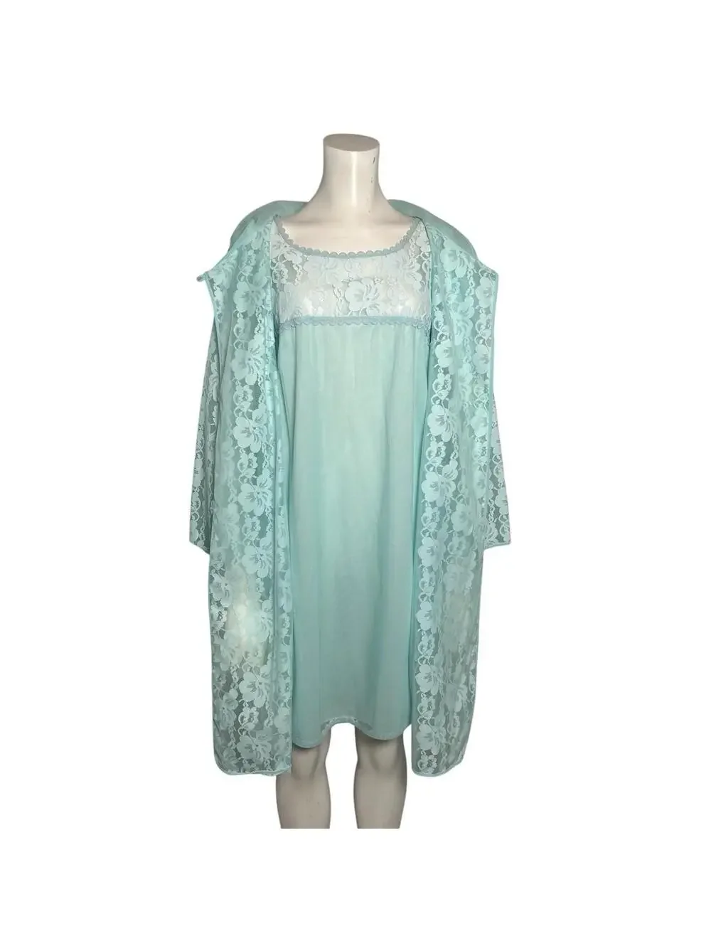 Vintage 1960s Aqua Blue Lace Peignoir Set Robe & Slip Nylon Nightgown LARGE - Picture 3 of 9
